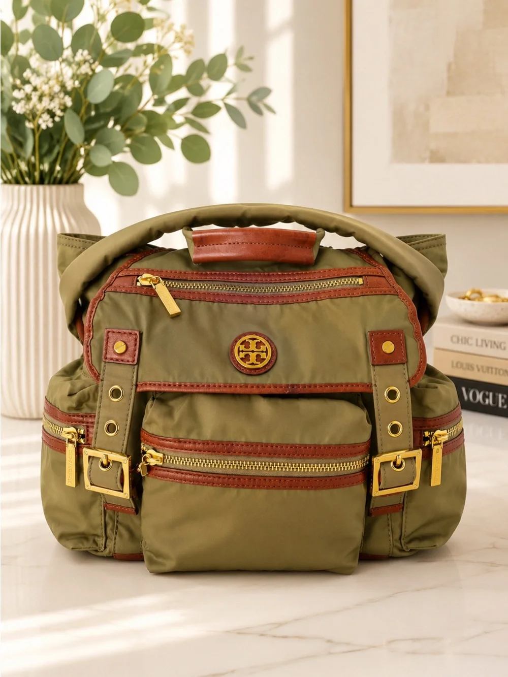 Tory Burch Olive Green Nylon Backpack with Brown Trim and Gold Hardware